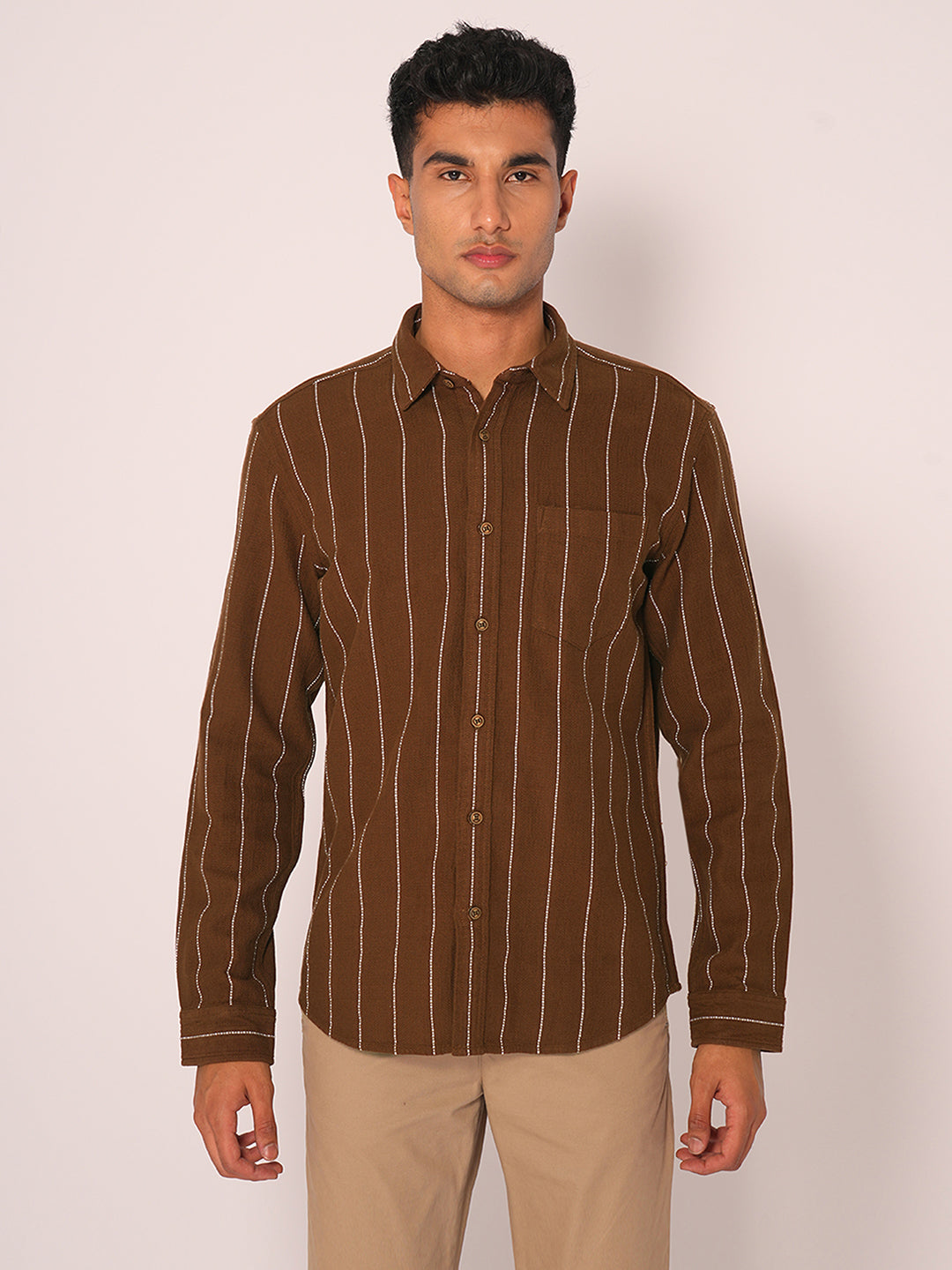 Dark Brown Striped Cotton Shirt