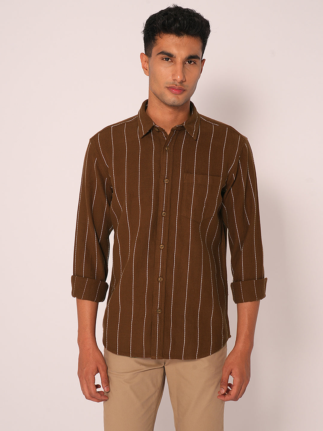 Dark Brown Striped Cotton Shirt