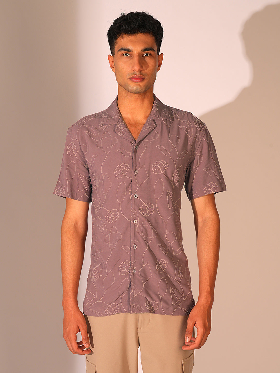 Purple Cuban Collar Viscose Shirt