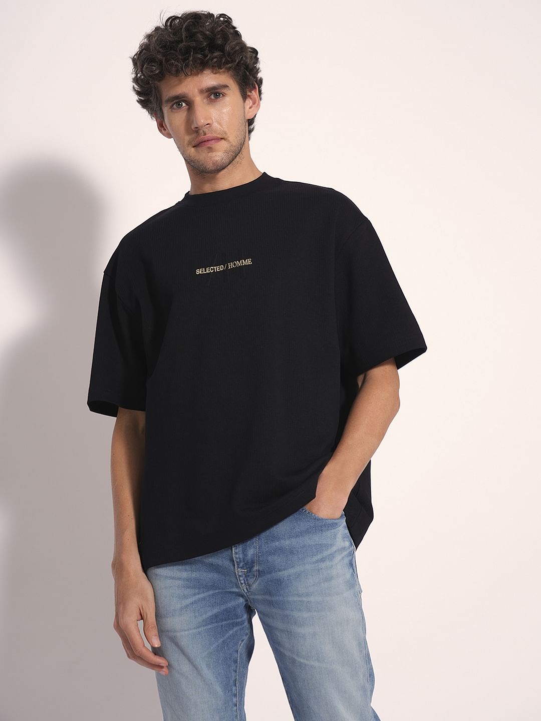 Black Ribbed Logo Print T-Shirt