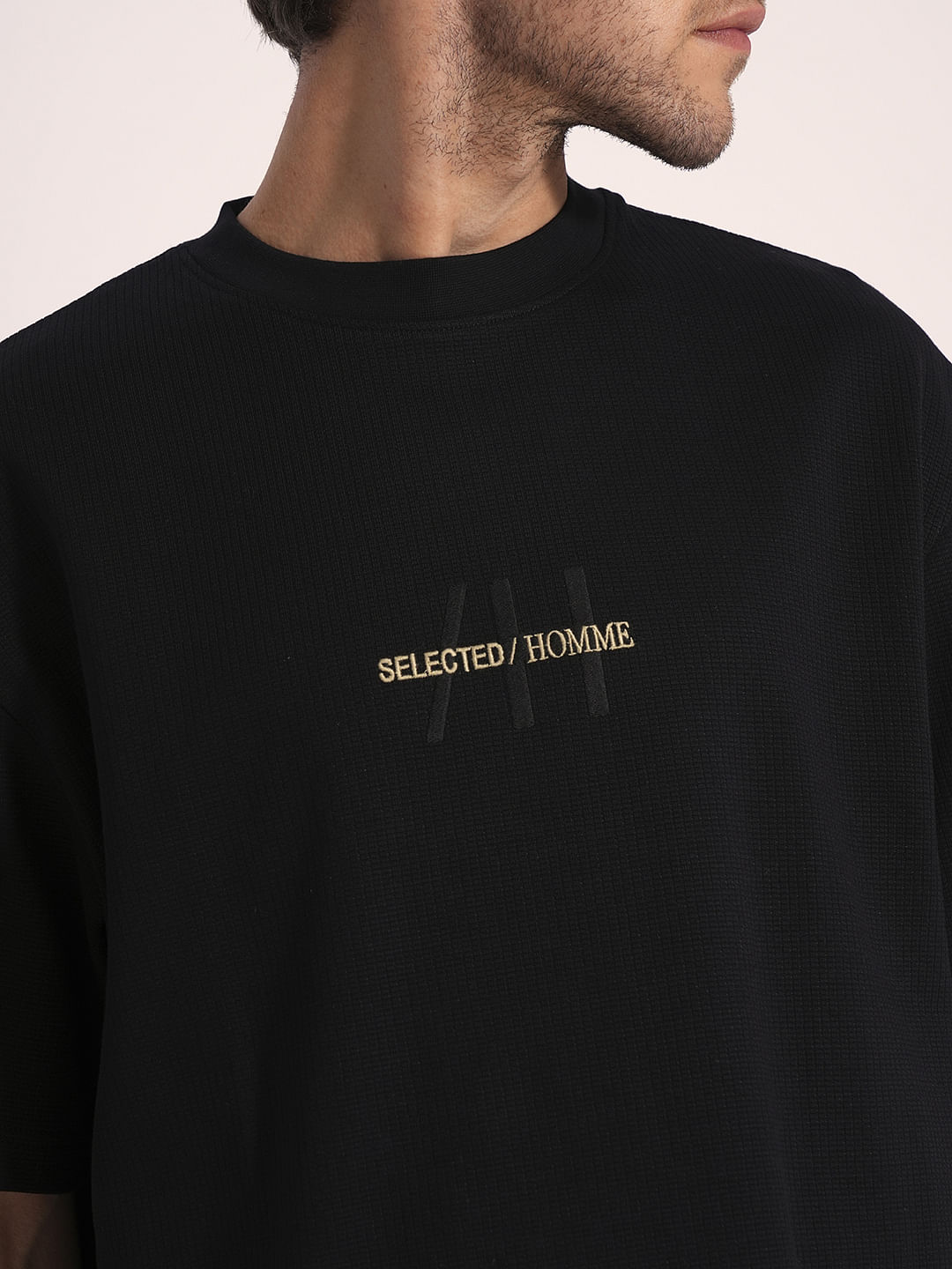 Black Ribbed Logo Print T-Shirt