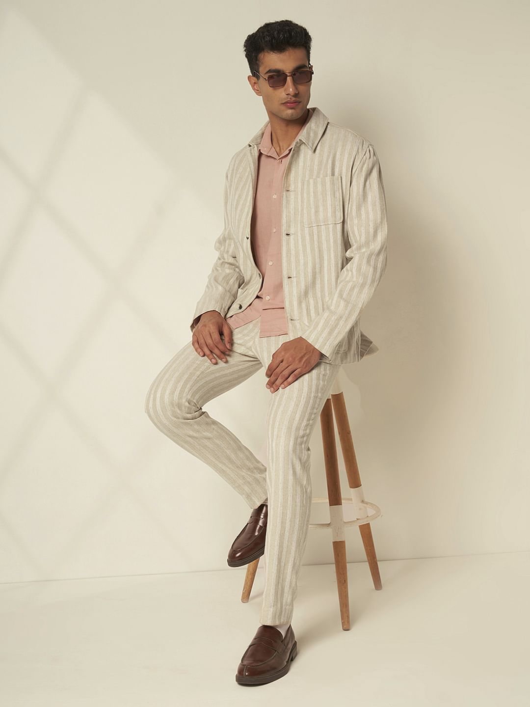 Beige Striped Cotton Pants