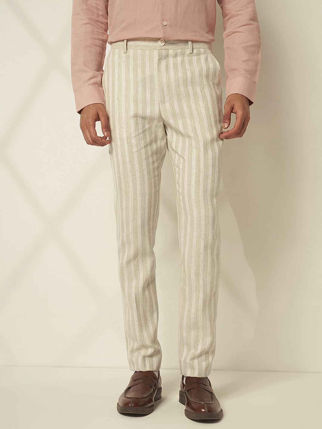 Beige Striped Cotton Pants