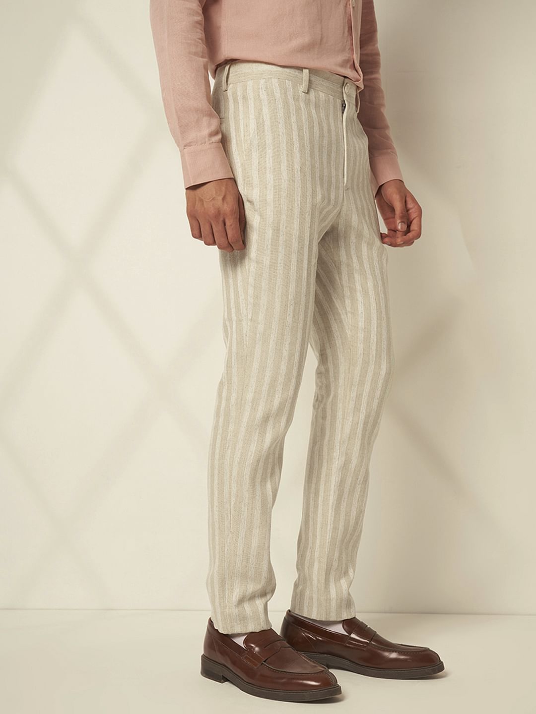 Beige Striped Cotton Pants