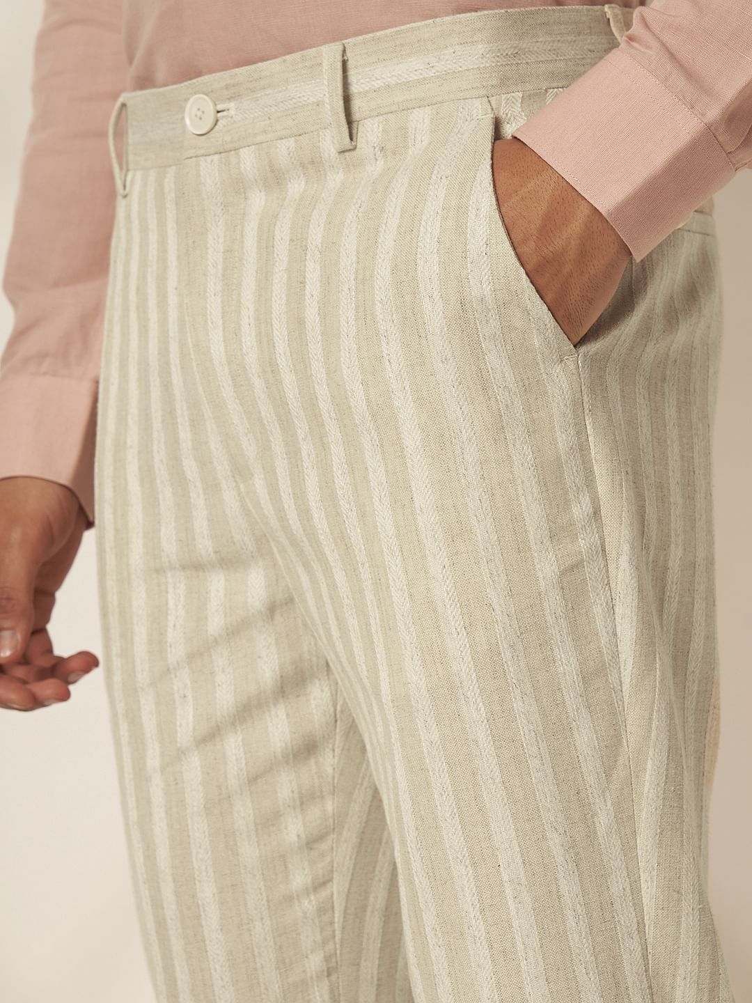 Beige Striped Cotton Pants
