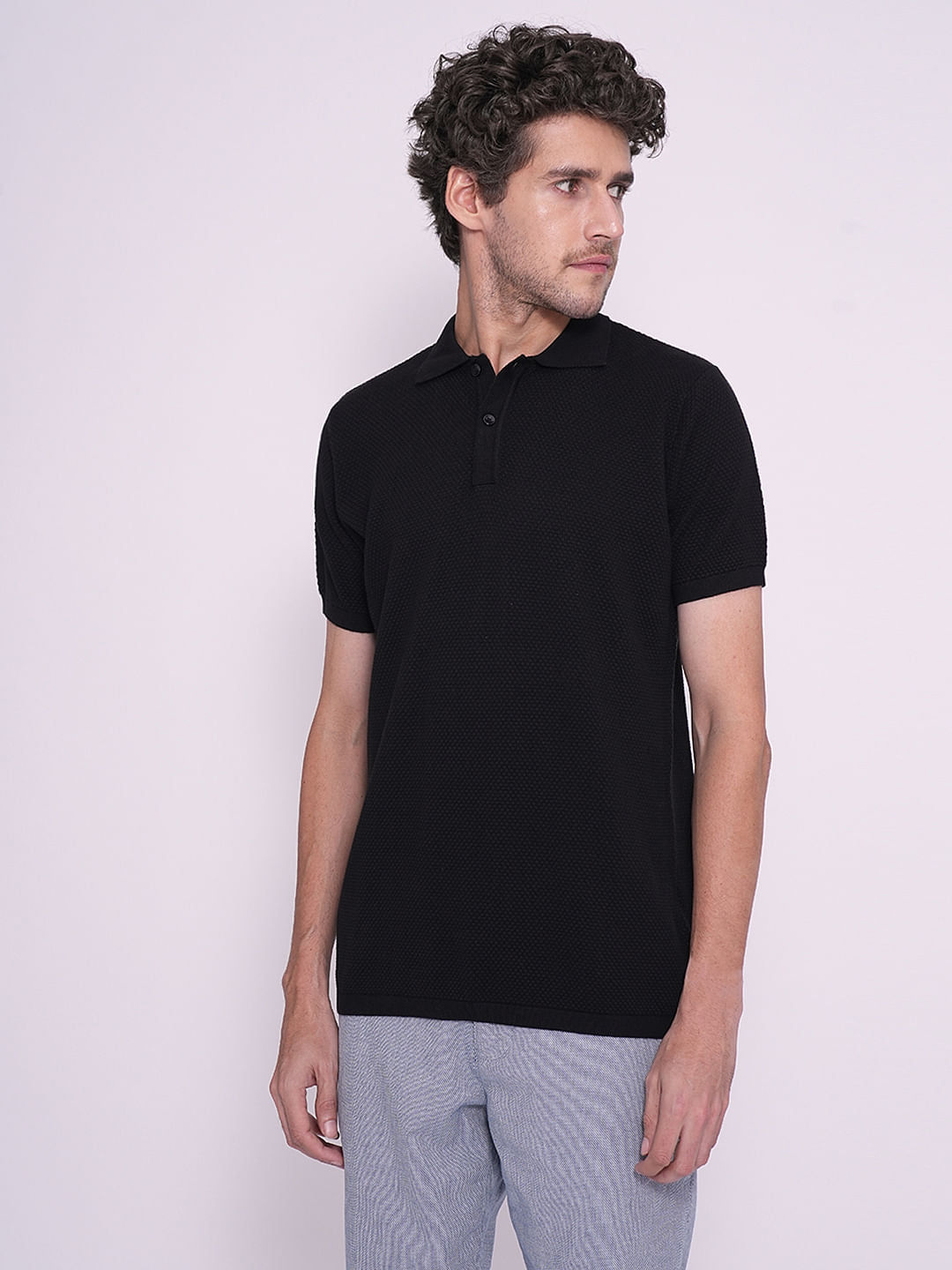 Black Cotton Knitted Polo