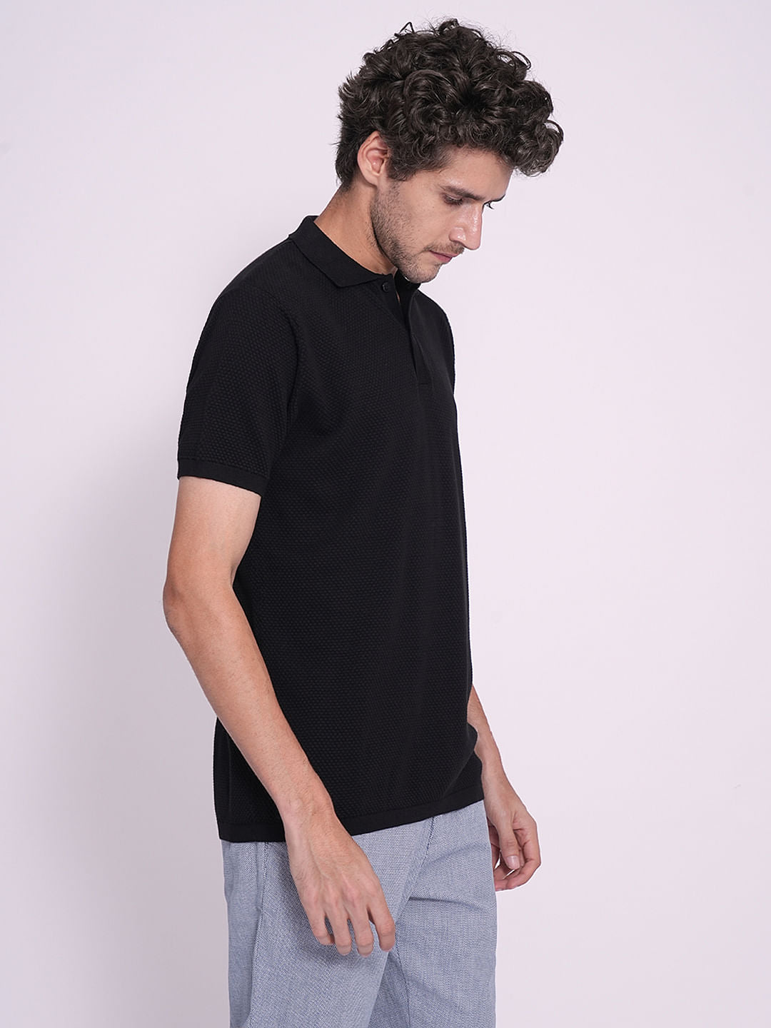 Black Cotton Knitted Polo