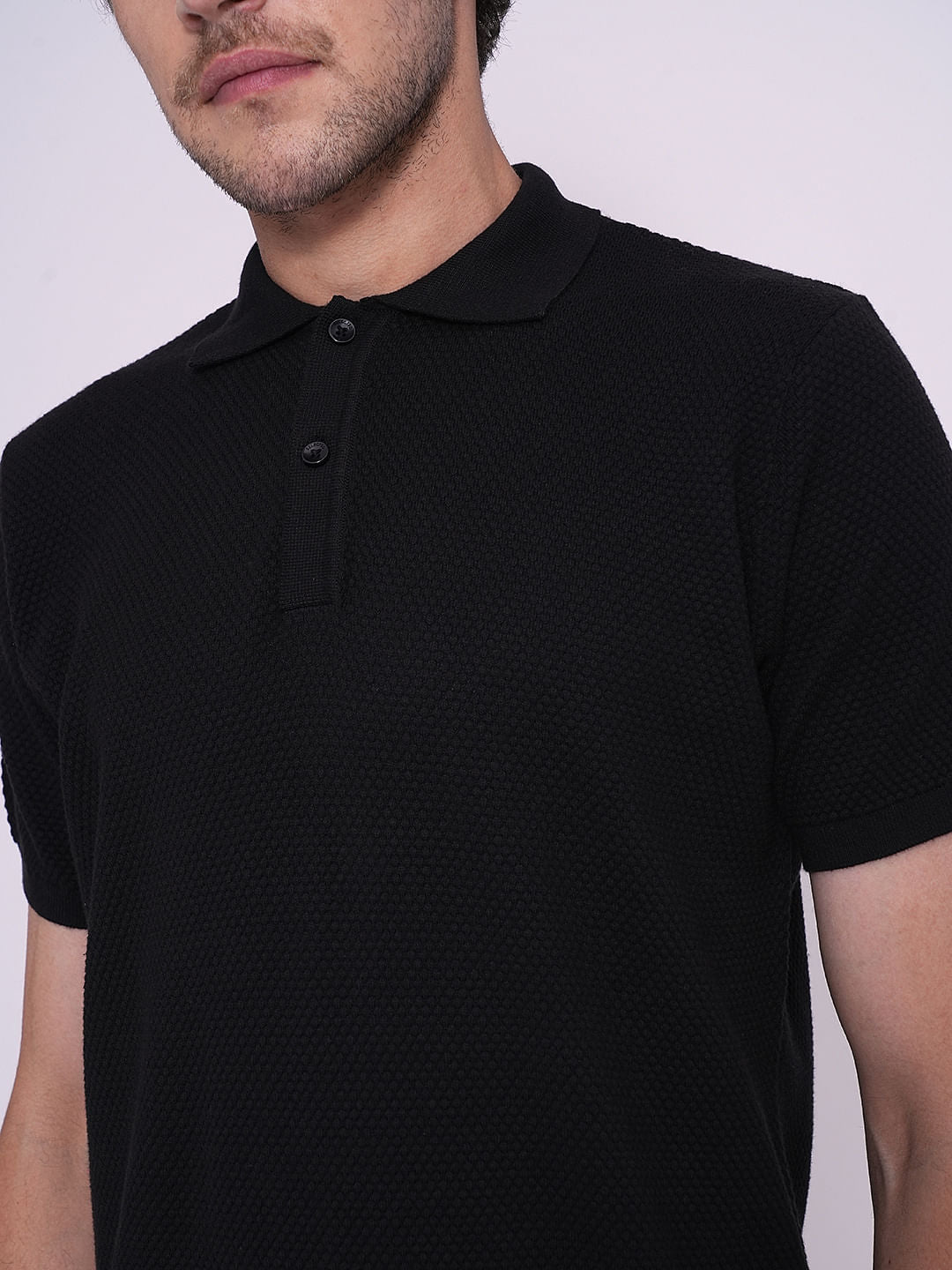 Black Cotton Knitted Polo
