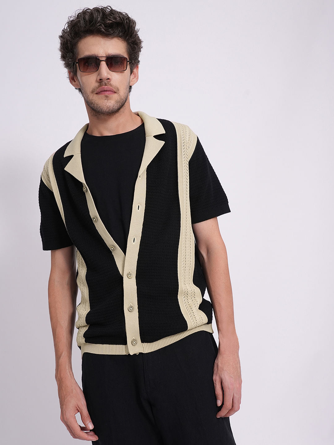 Black Colourblocked Cotton Knitted Polo