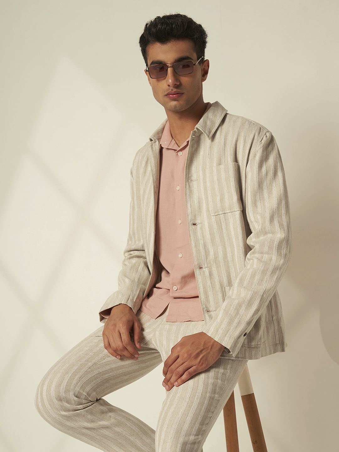 Beige Striped Cotton Overshirt