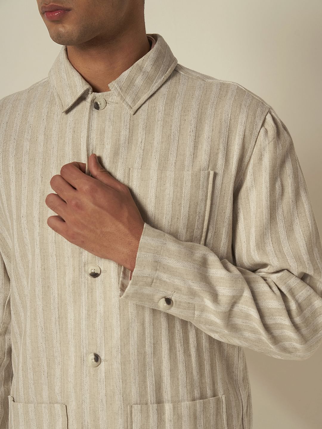 Beige Striped Cotton Overshirt