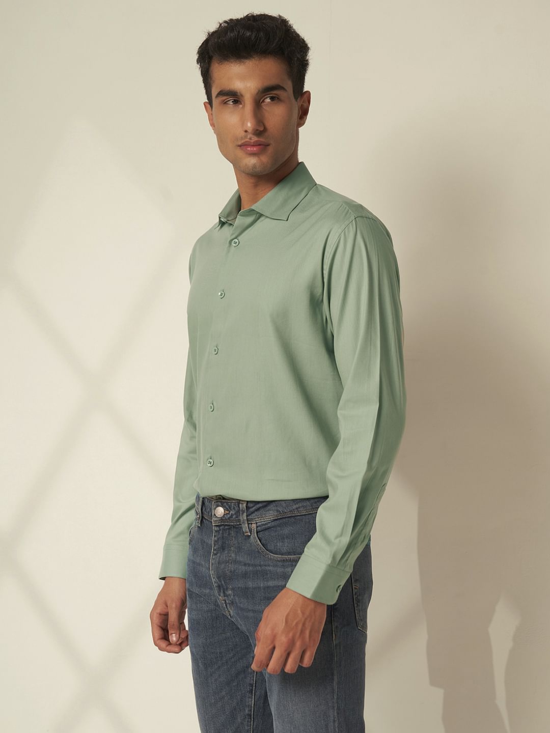 Green Cotton Full Sleeves Shirt