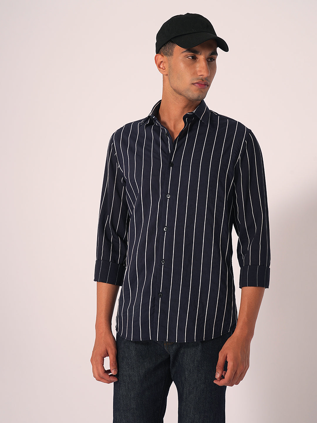 Navy Blue Striped Slim Fit Cotton Shirt