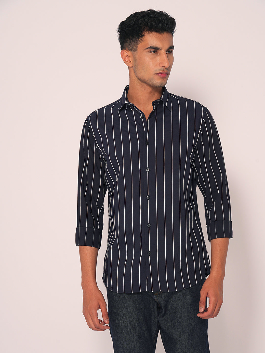 Navy Blue Striped Slim Fit Cotton Shirt