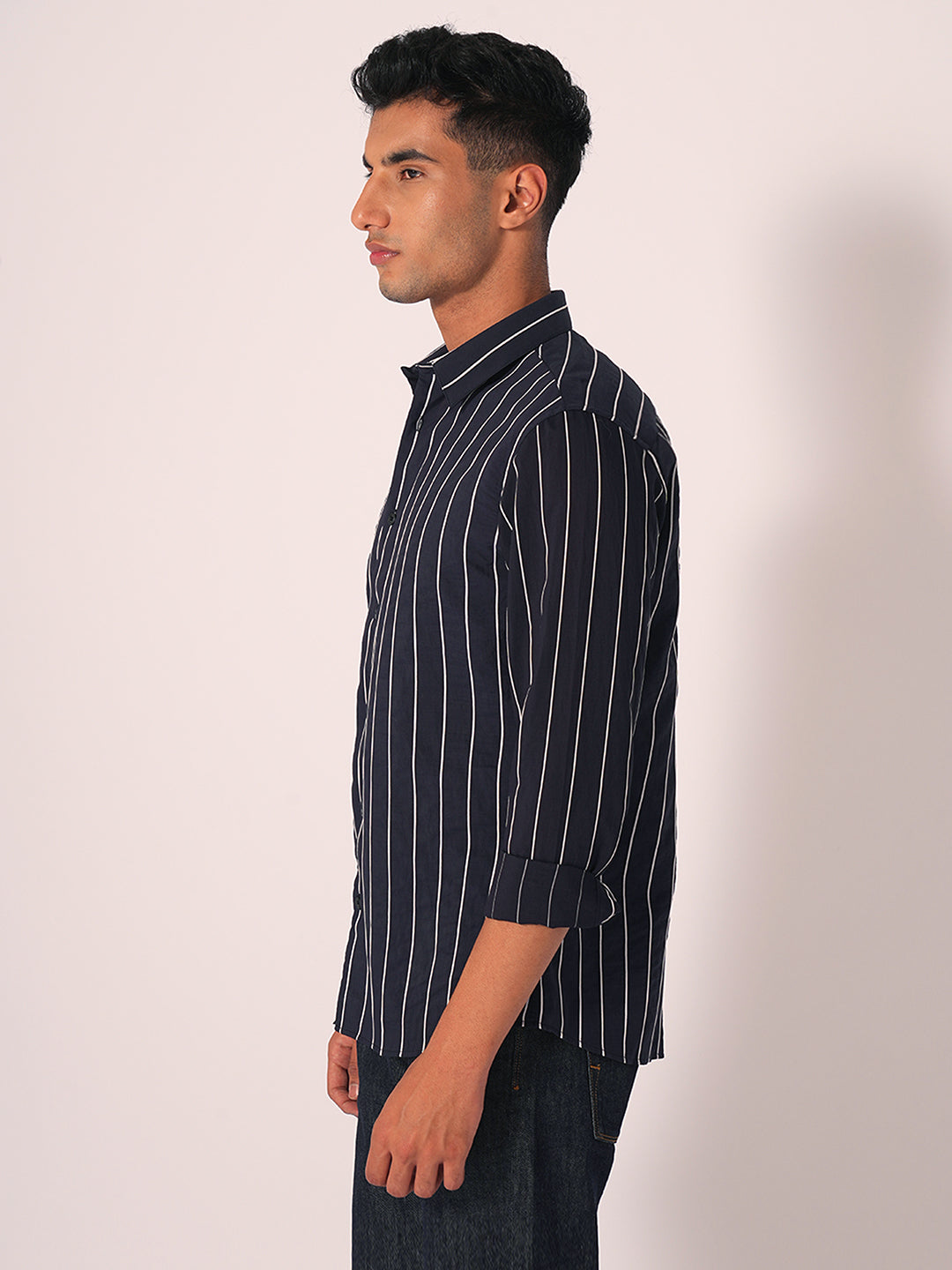 Navy Blue Striped Slim Fit Cotton Shirt