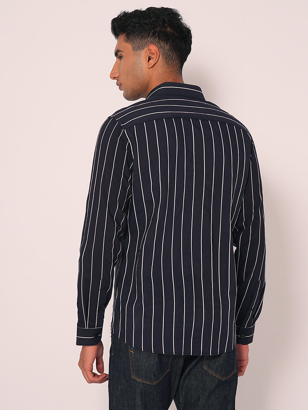 Navy Blue Striped Slim Fit Cotton Shirt