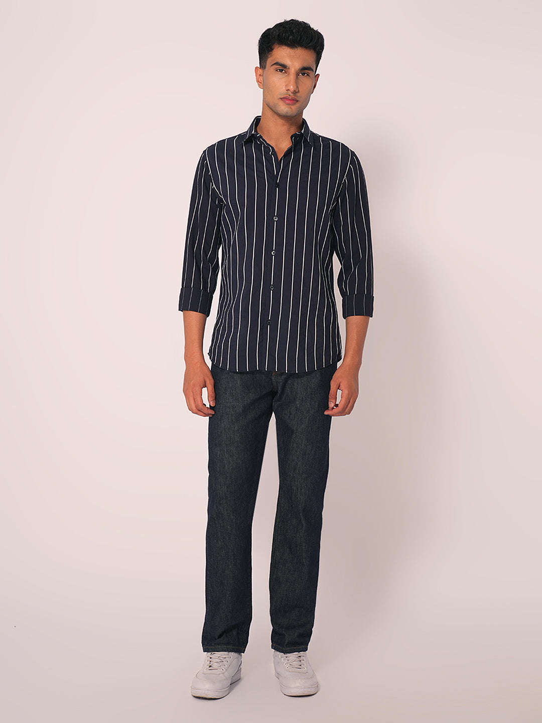 Navy Blue Striped Slim Fit Cotton Shirt