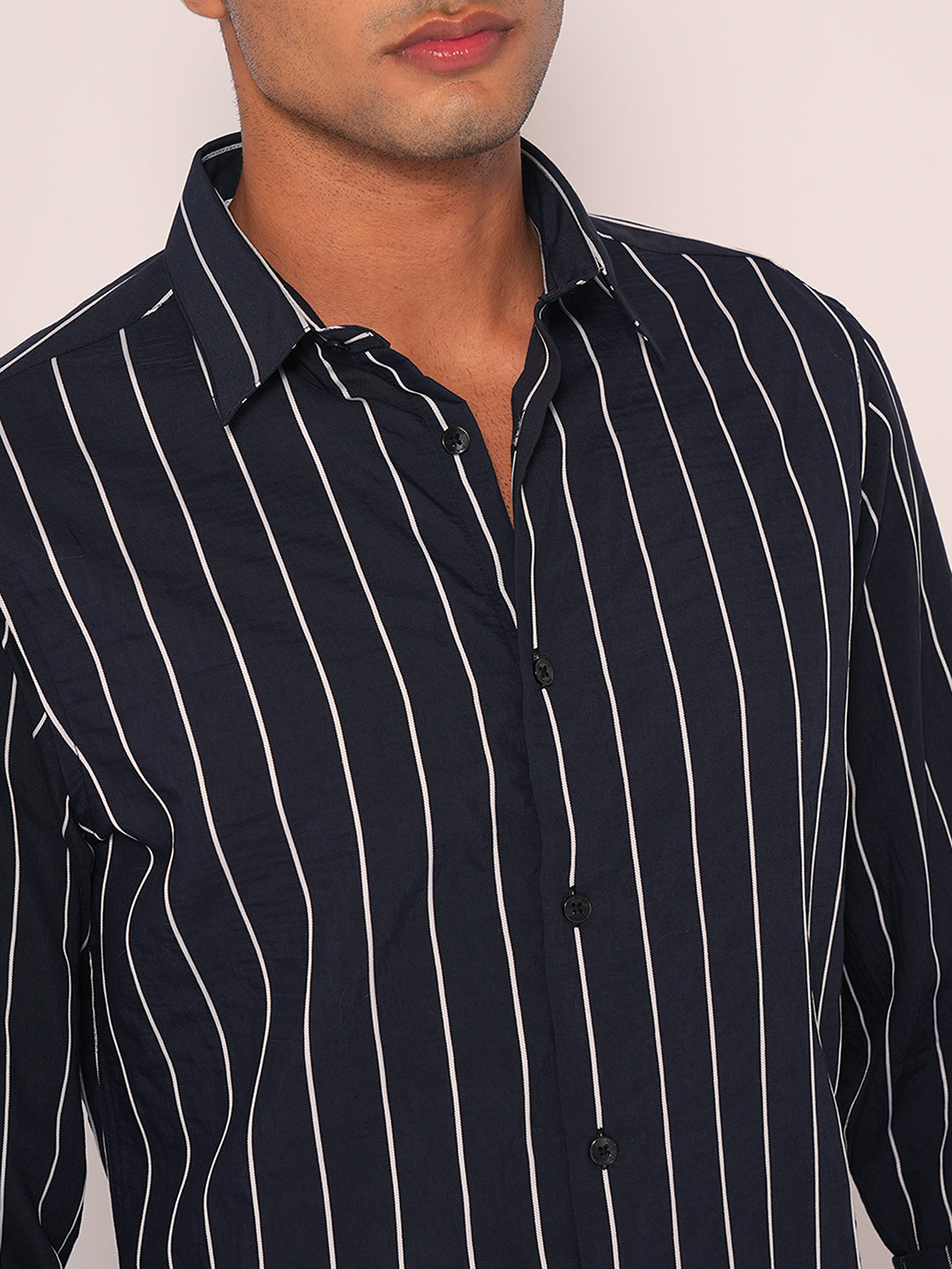 Navy Blue Striped Slim Fit Cotton Shirt