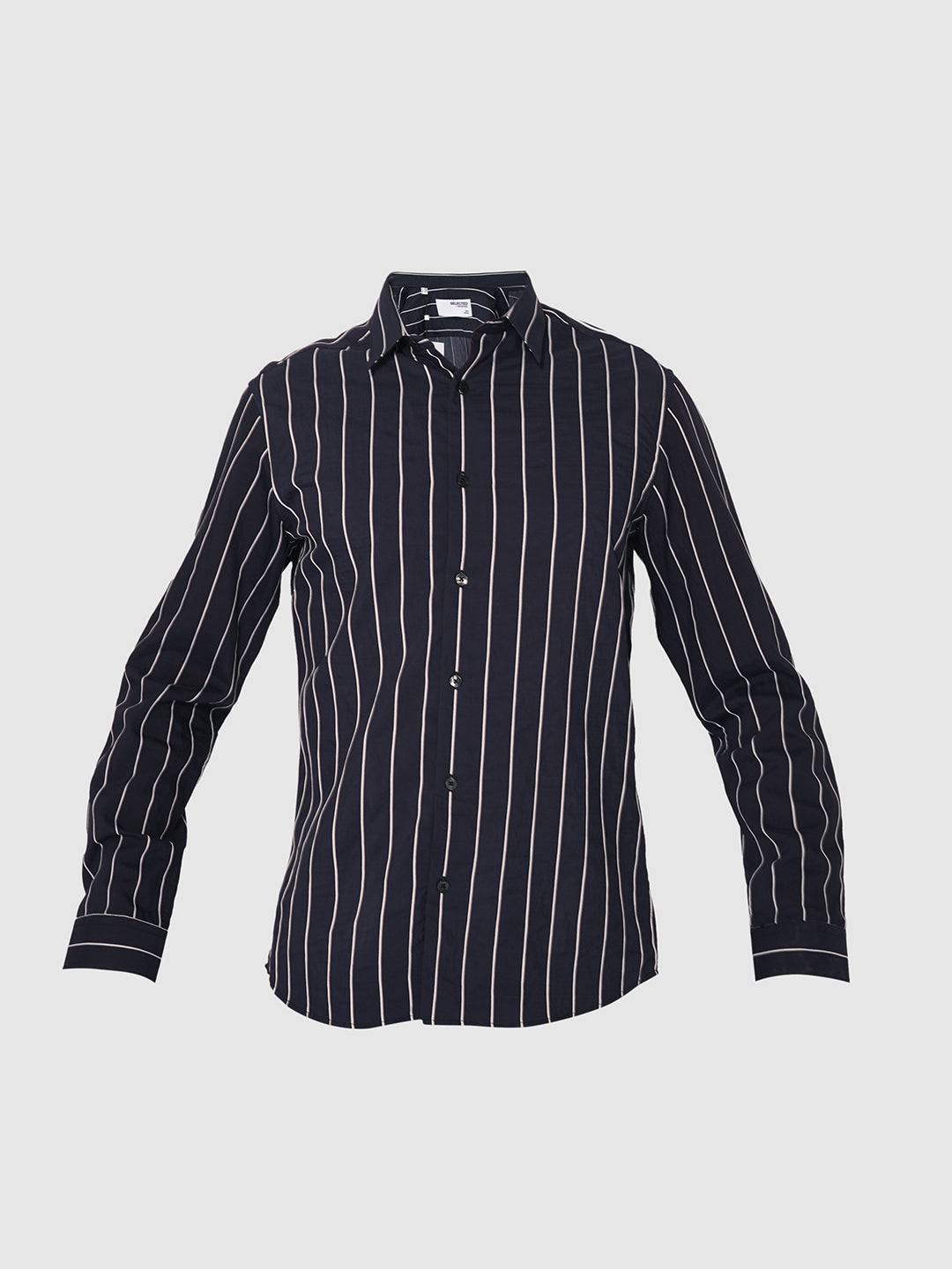 Navy Blue Striped Slim Fit Cotton Shirt