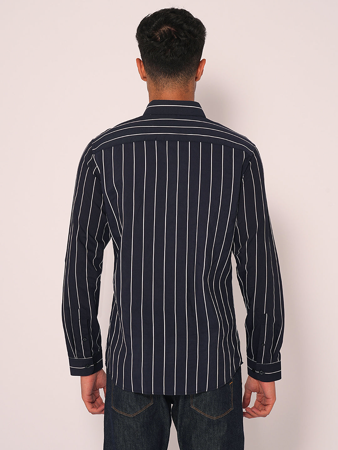 Navy Blue Striped Slim Fit Cotton Shirt