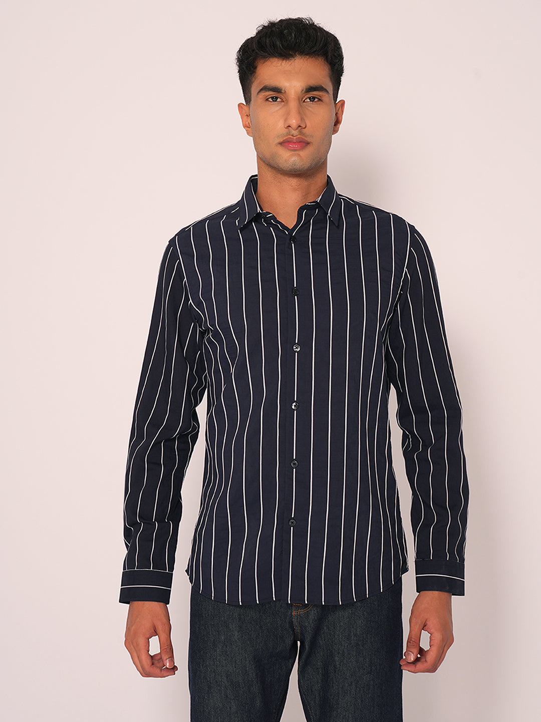 Navy Blue Striped Slim Fit Cotton Shirt