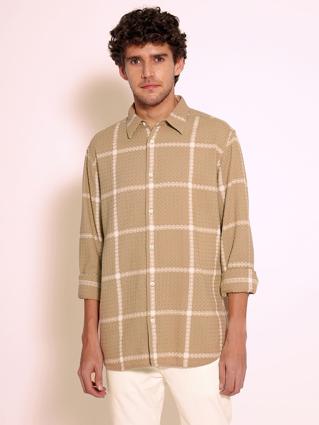Beige Check Cotton Shirt