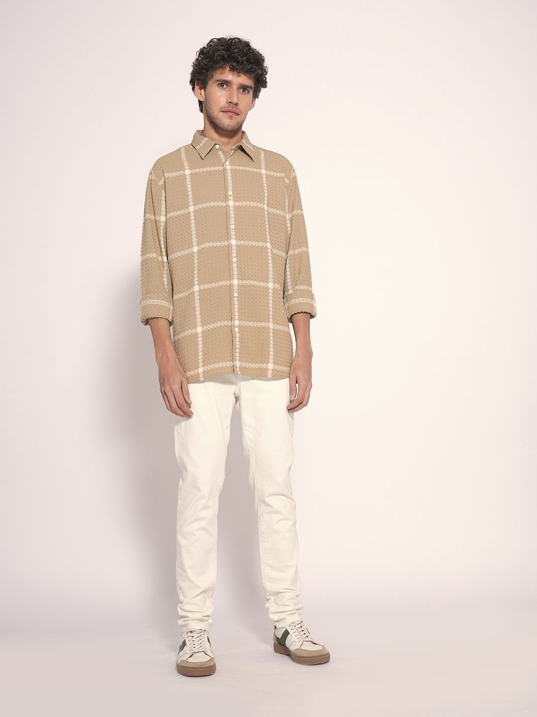 Beige Check Cotton Shirt