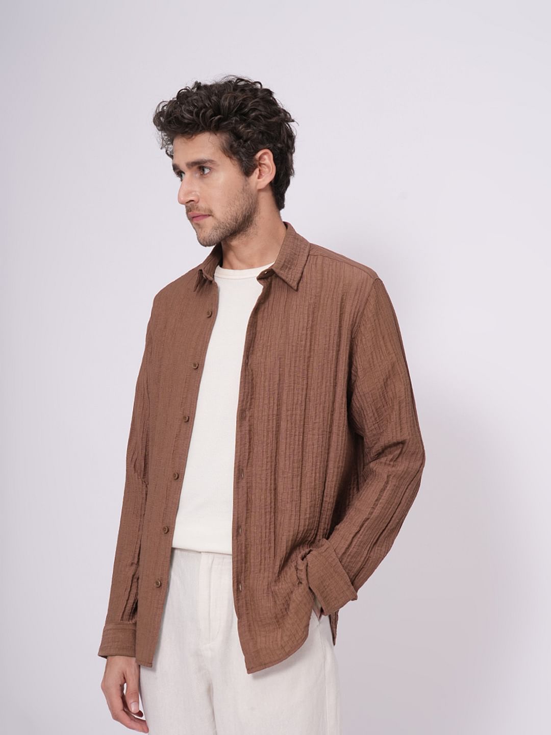 Brown Textured Cotton Shirt