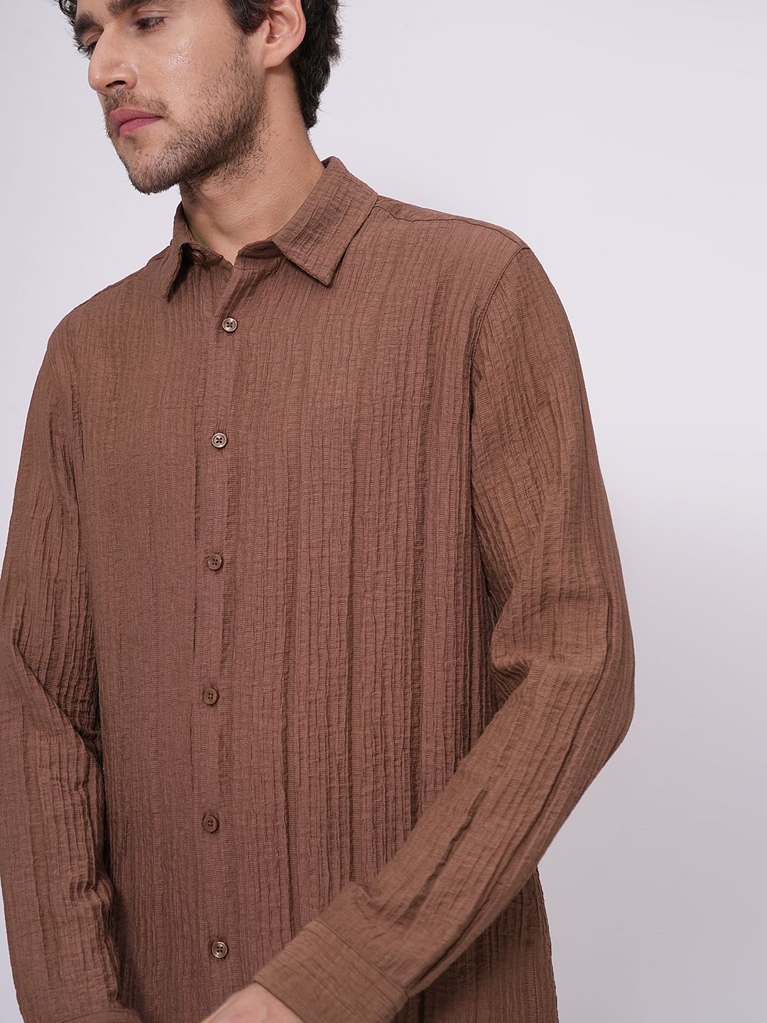 Brown Textured Cotton Shirt