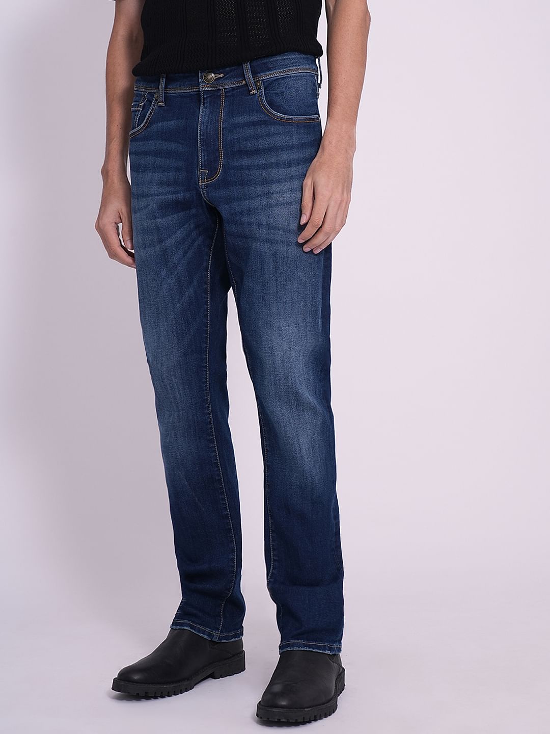Dark Blue Mid Rise Straight Fit Jeans