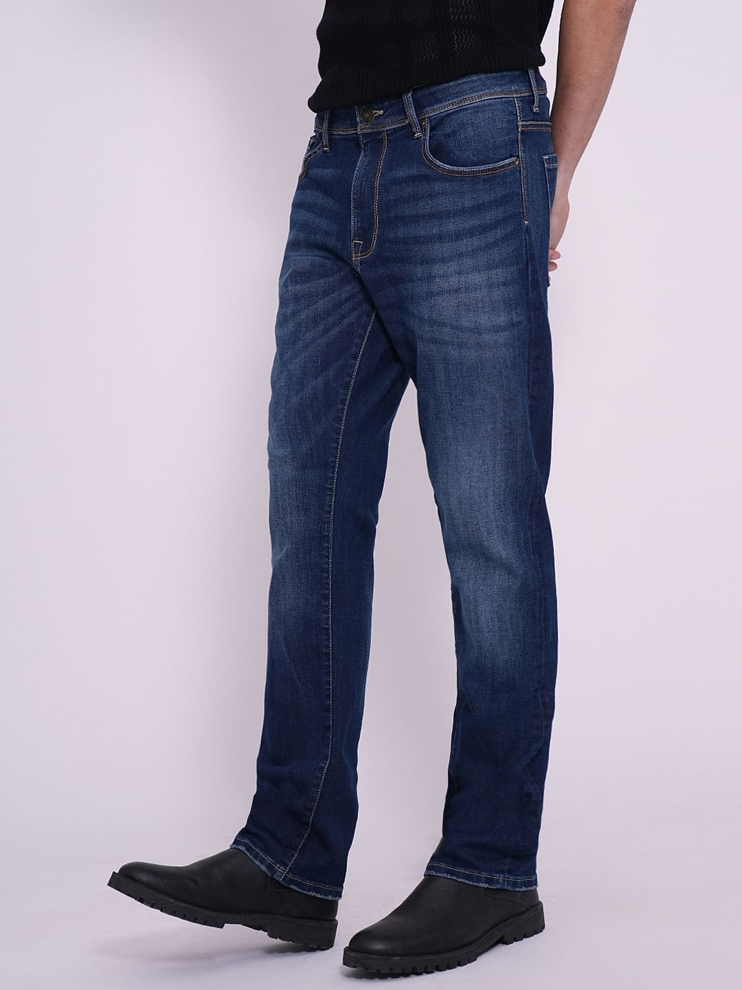 Dark Blue Mid Rise Straight Fit Jeans