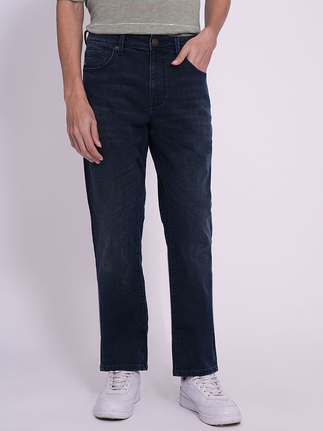 Dark Blue Mid Rise Straight Fit Jeans