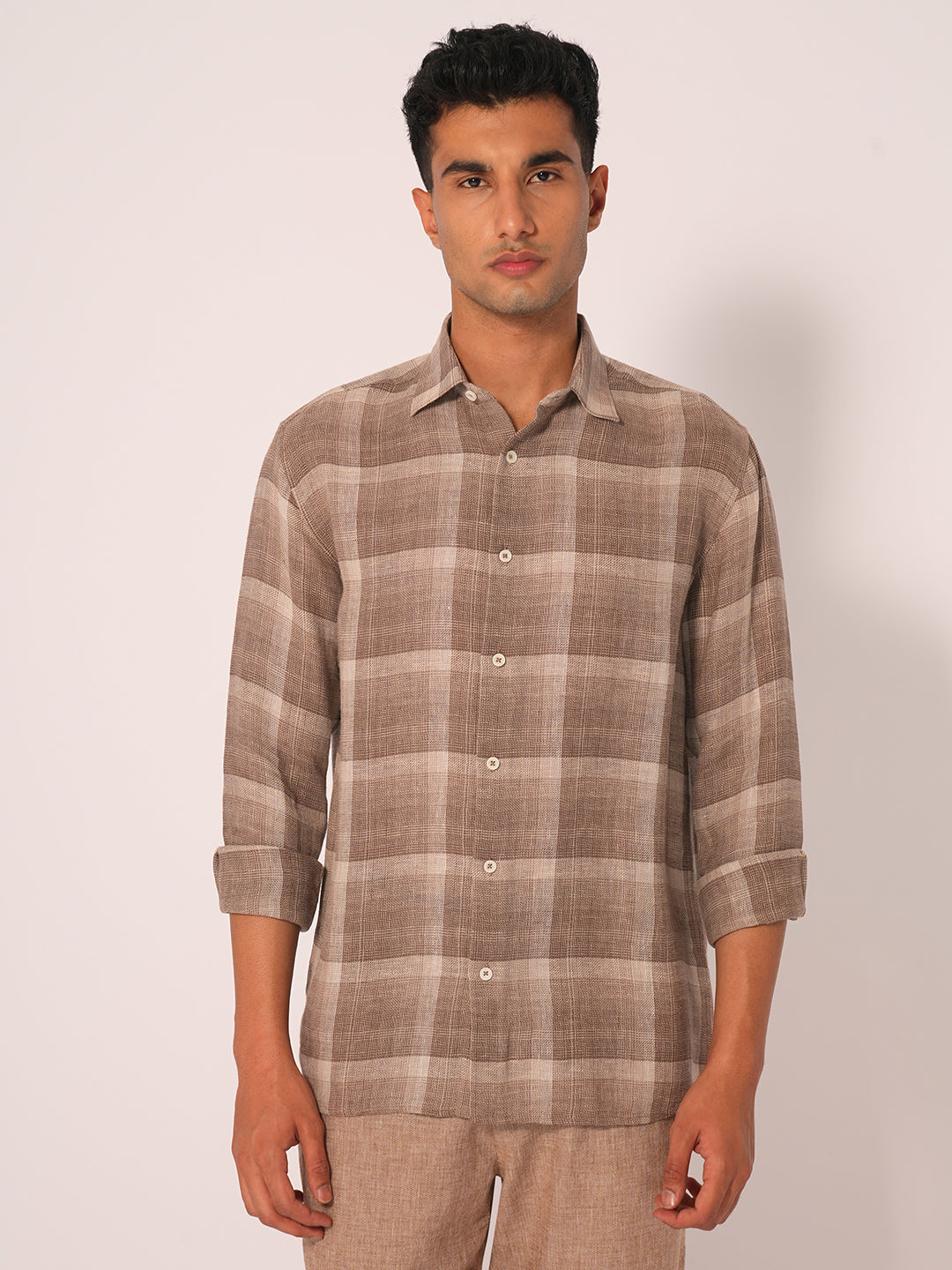 Beige Check Regular Fit Shirt
