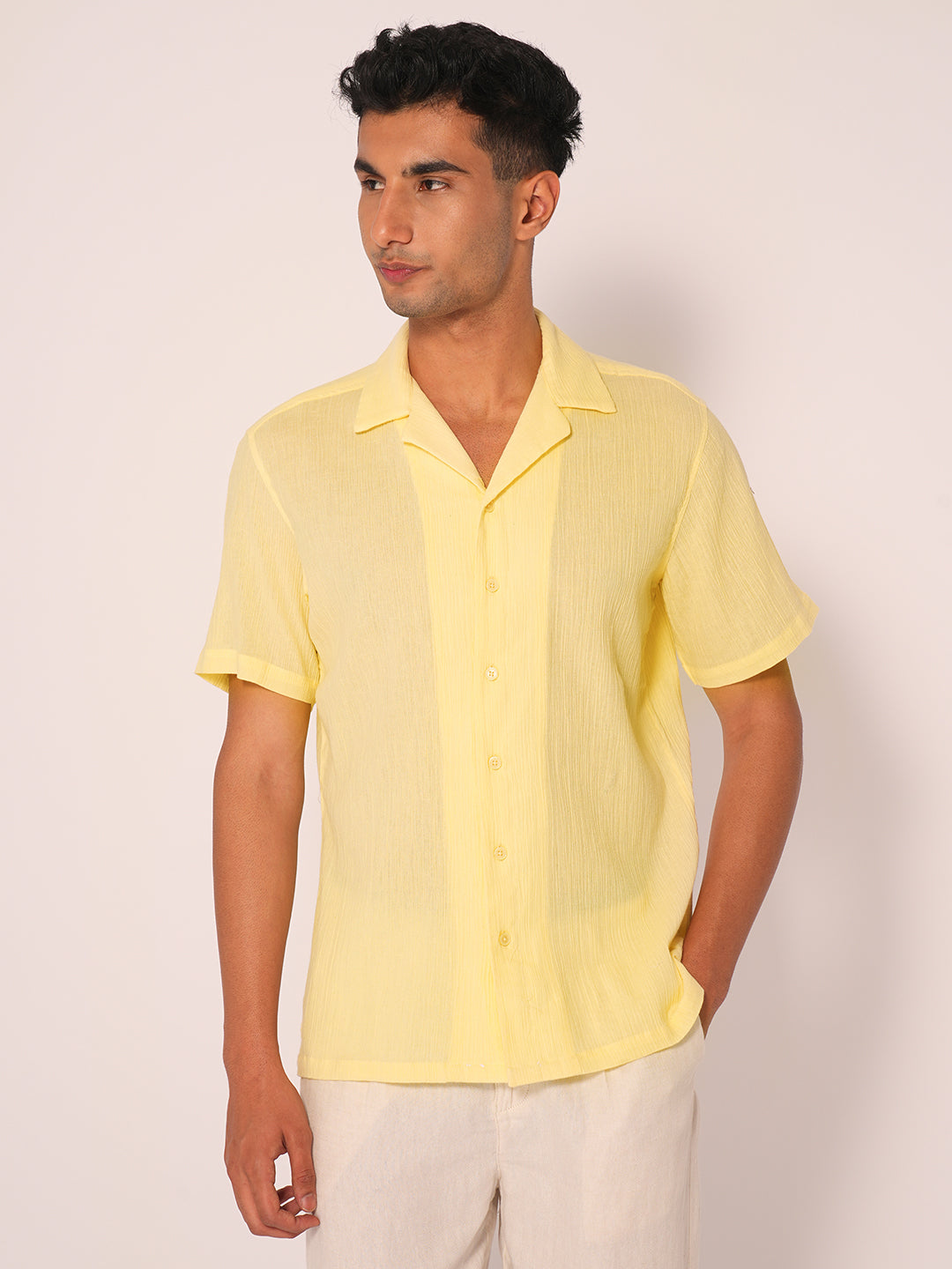 Yellow Cuban Collar Textured Shirt