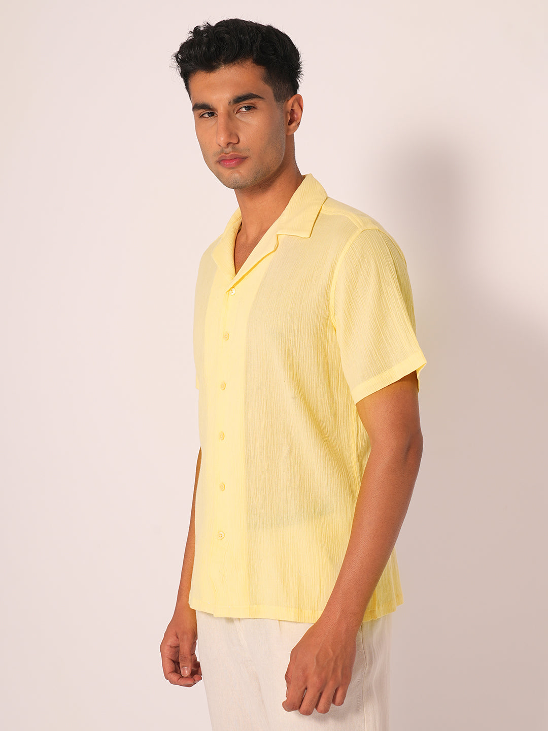 Yellow Cuban Collar Textured Shirt