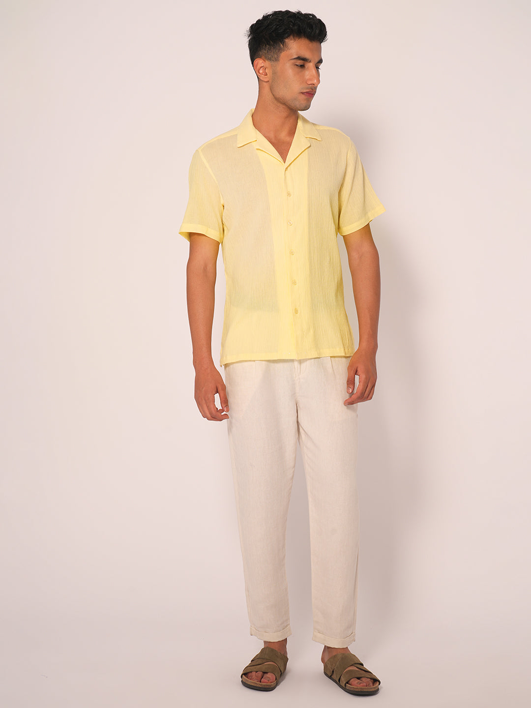 Yellow Cuban Collar Textured Shirt