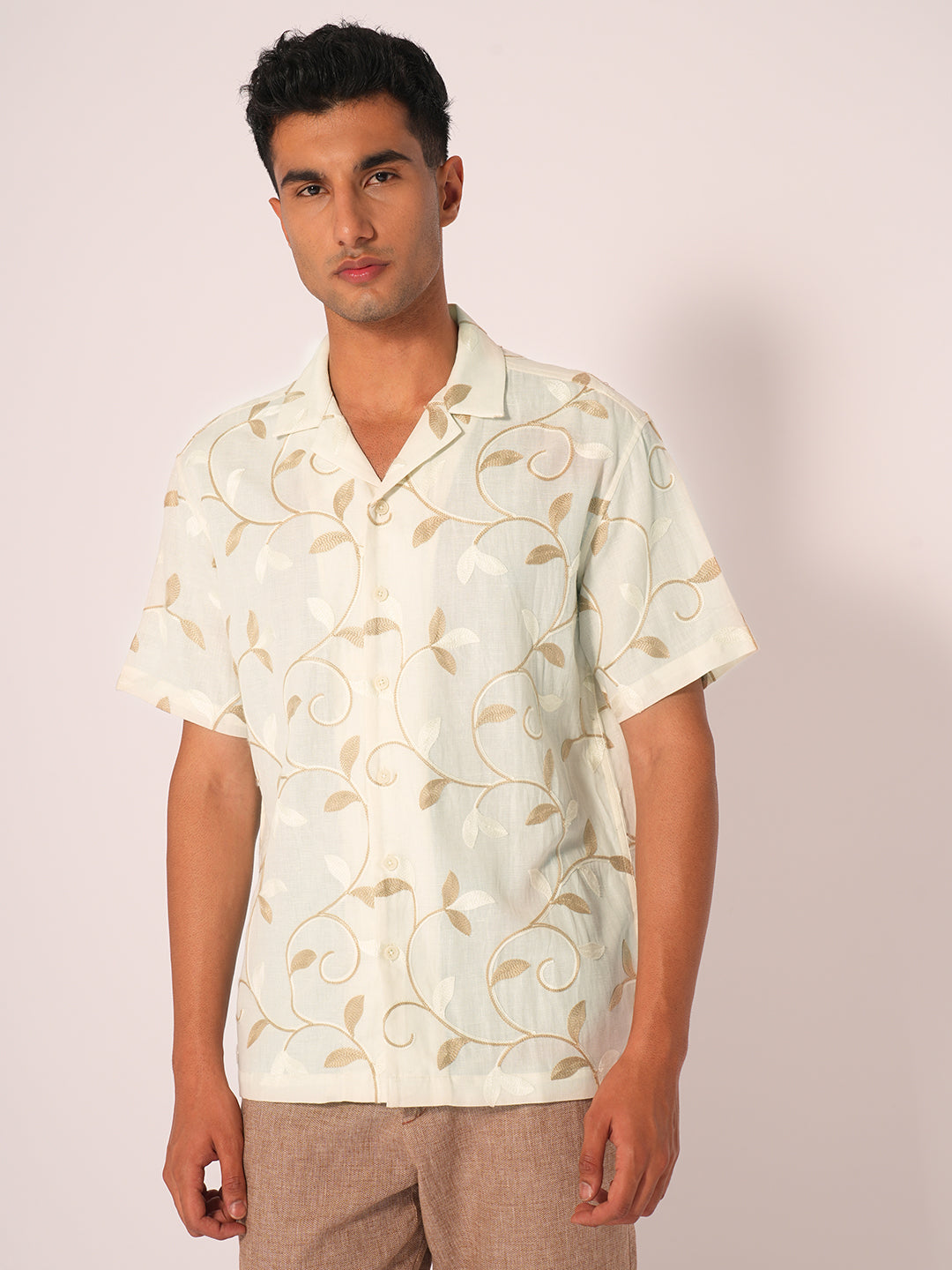 Beige Embroidered Cuban Collar Shirt