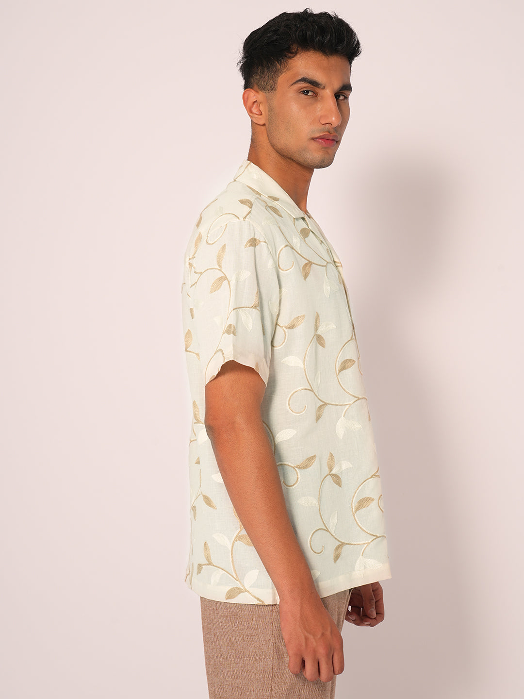 Beige Embroidered Cuban Collar Shirt