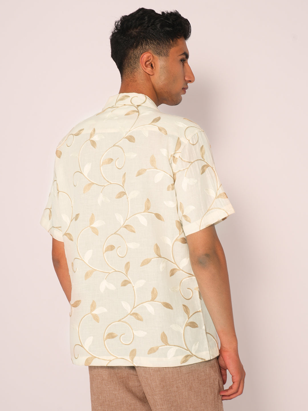 Beige Embroidered Cuban Collar Shirt