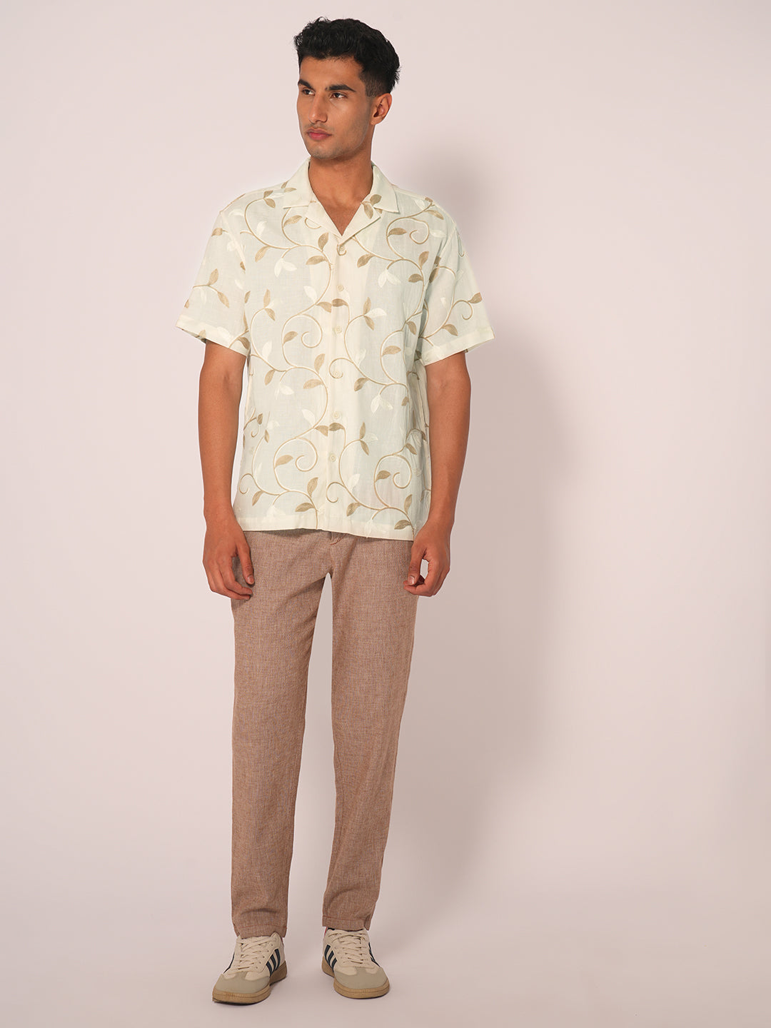 Beige Embroidered Cuban Collar Shirt