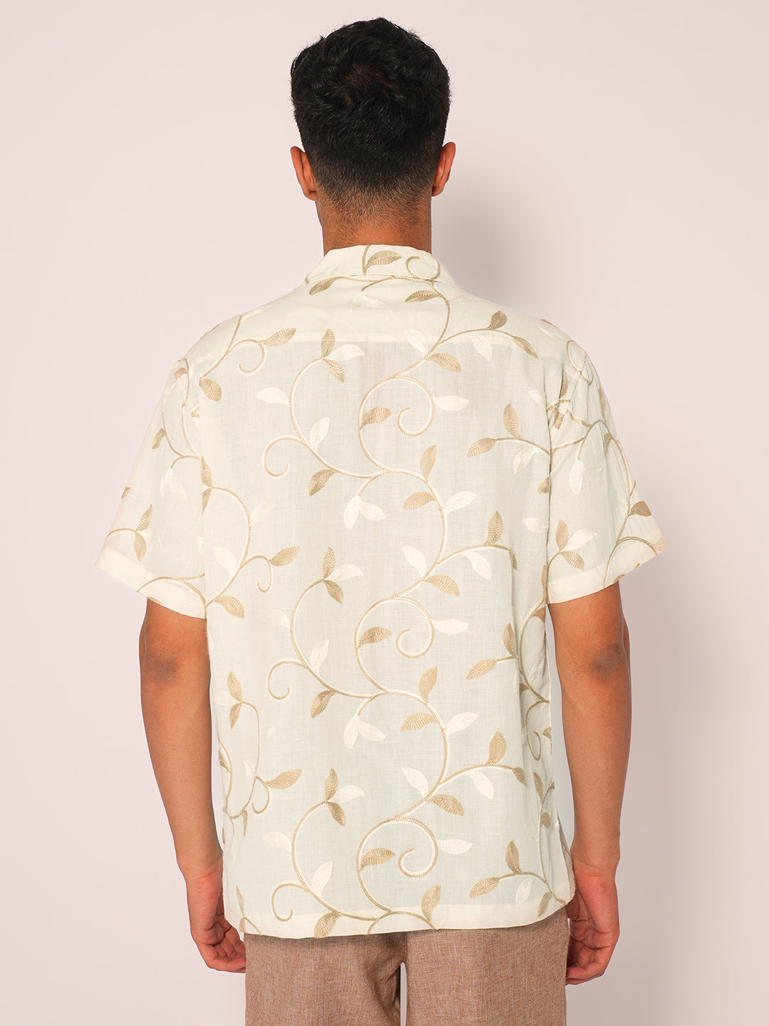 Beige Embroidered Cuban Collar Shirt