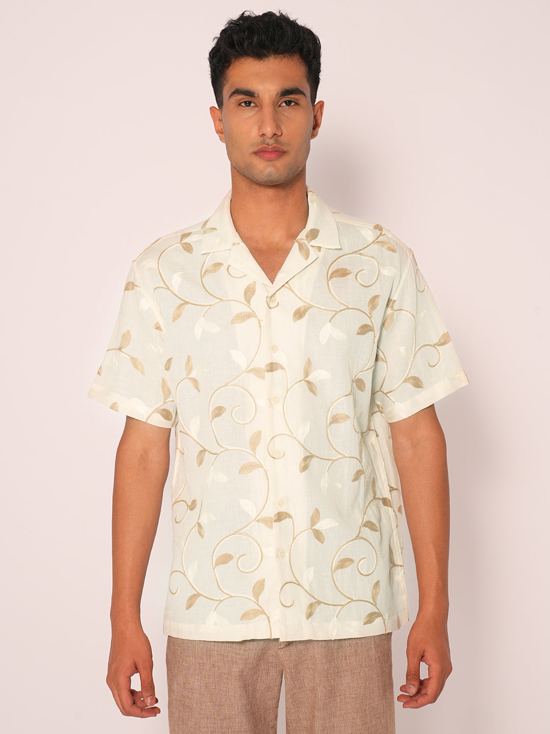 Beige Embroidered Cuban Collar Shirt