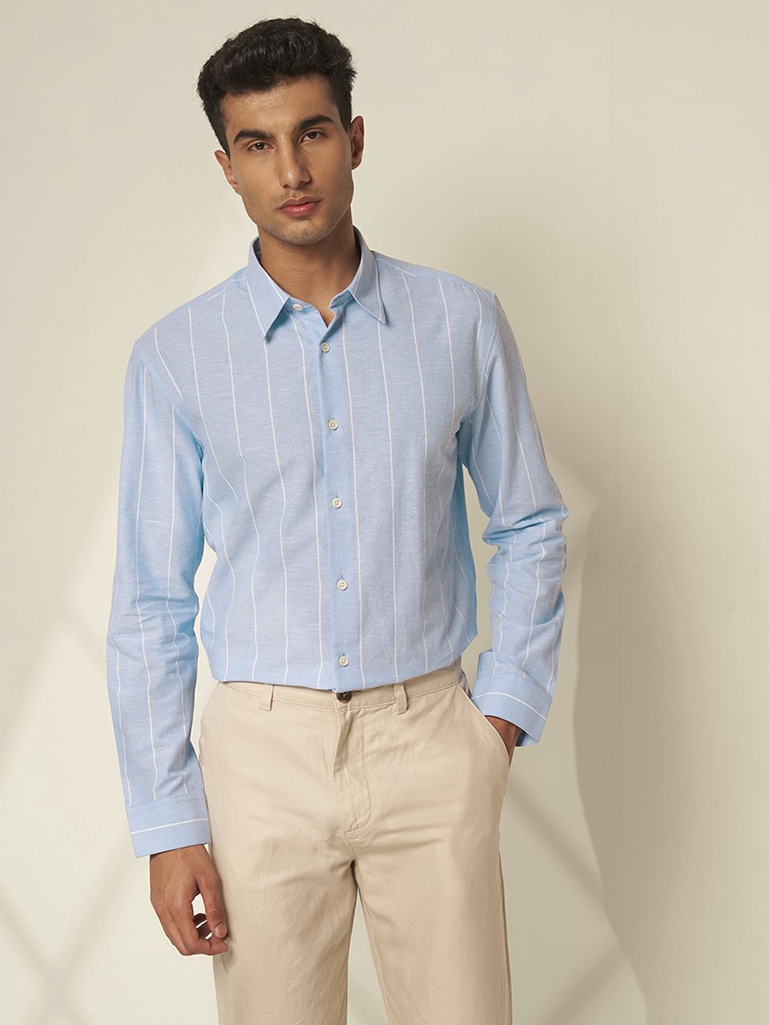 Beige Blue Shirt Cream Pant Beige Chinos Outfit Shirts To Wear