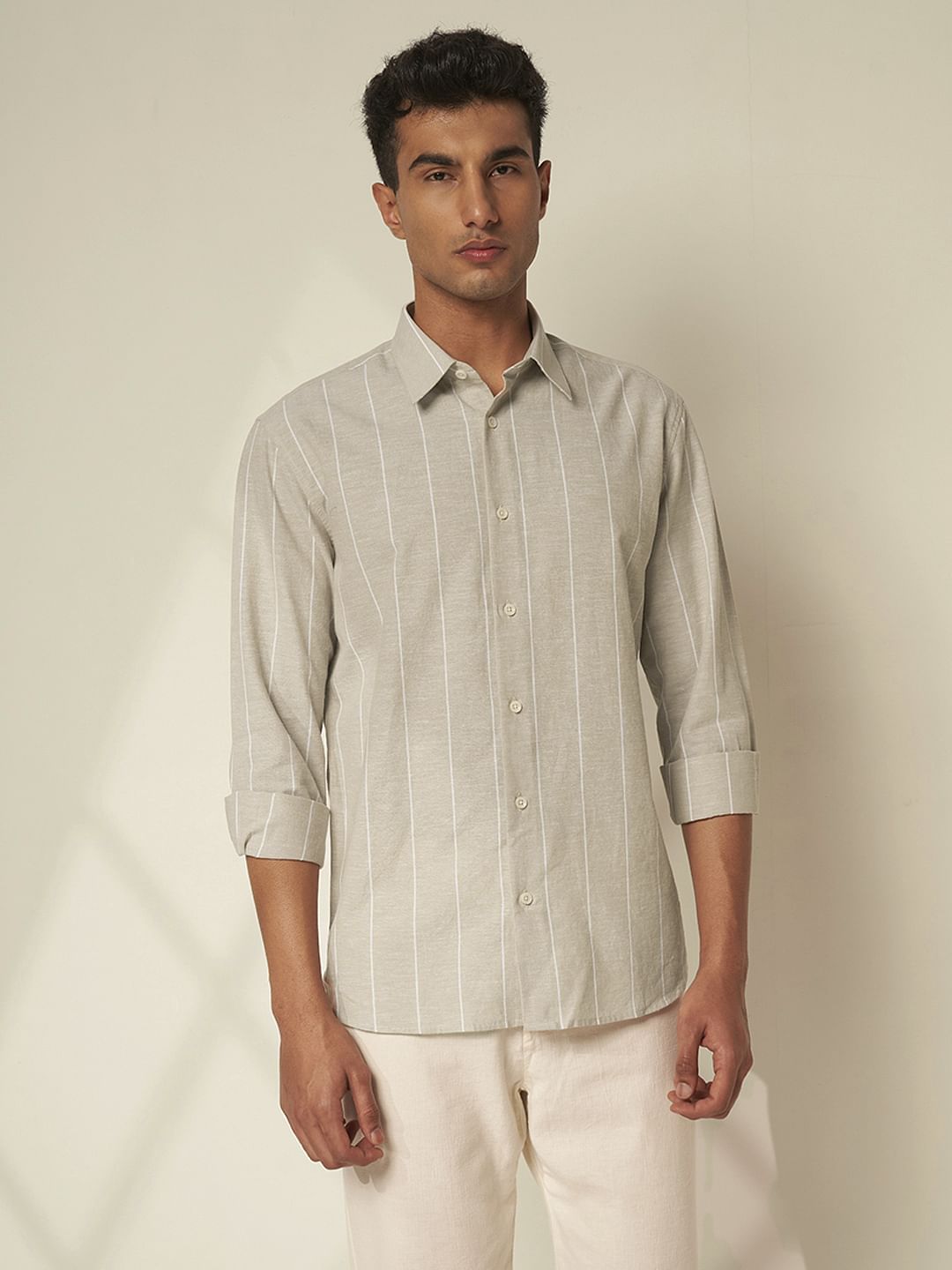 Beige Striped Linen Shirt