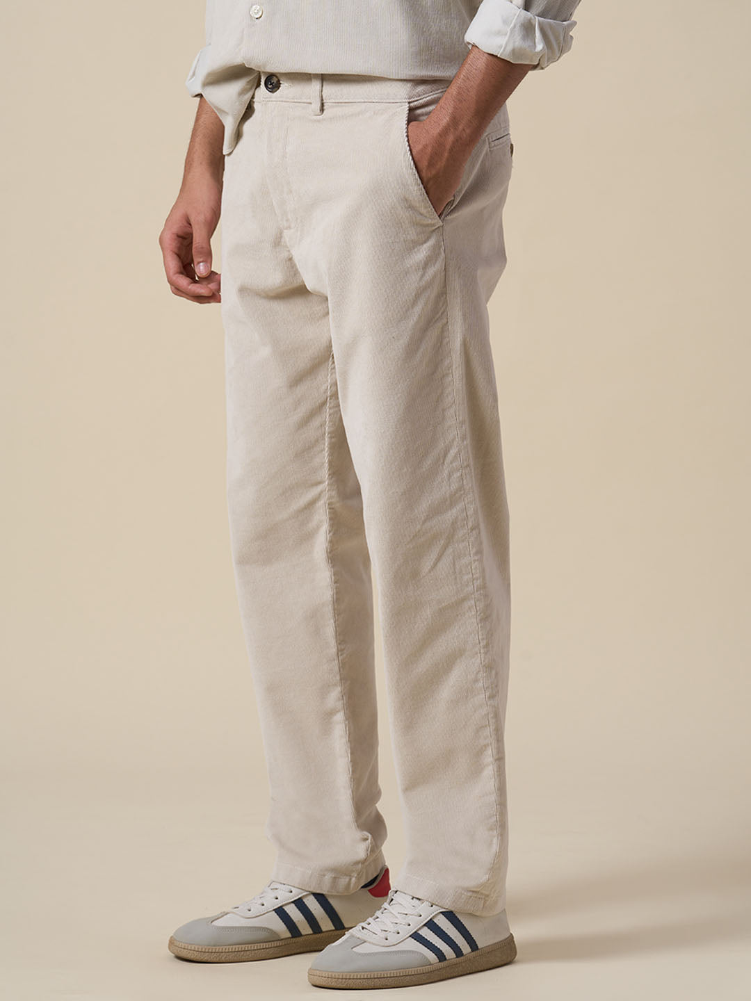 Beige Corduroy Straight Fit Pants