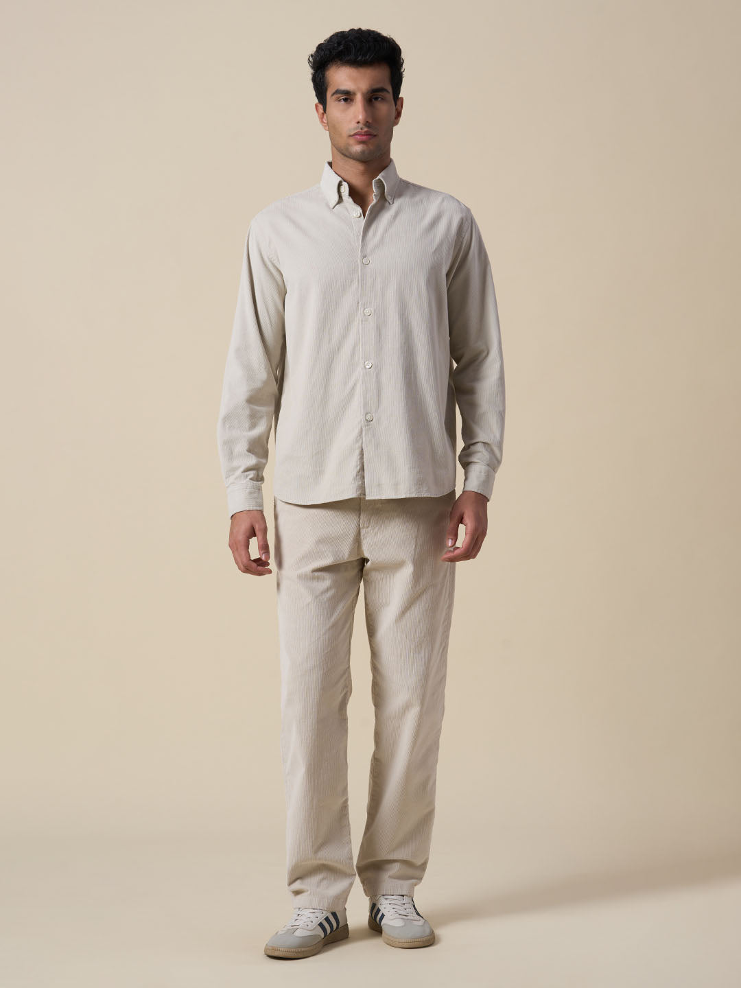 Beige Corduroy Straight Fit Pants