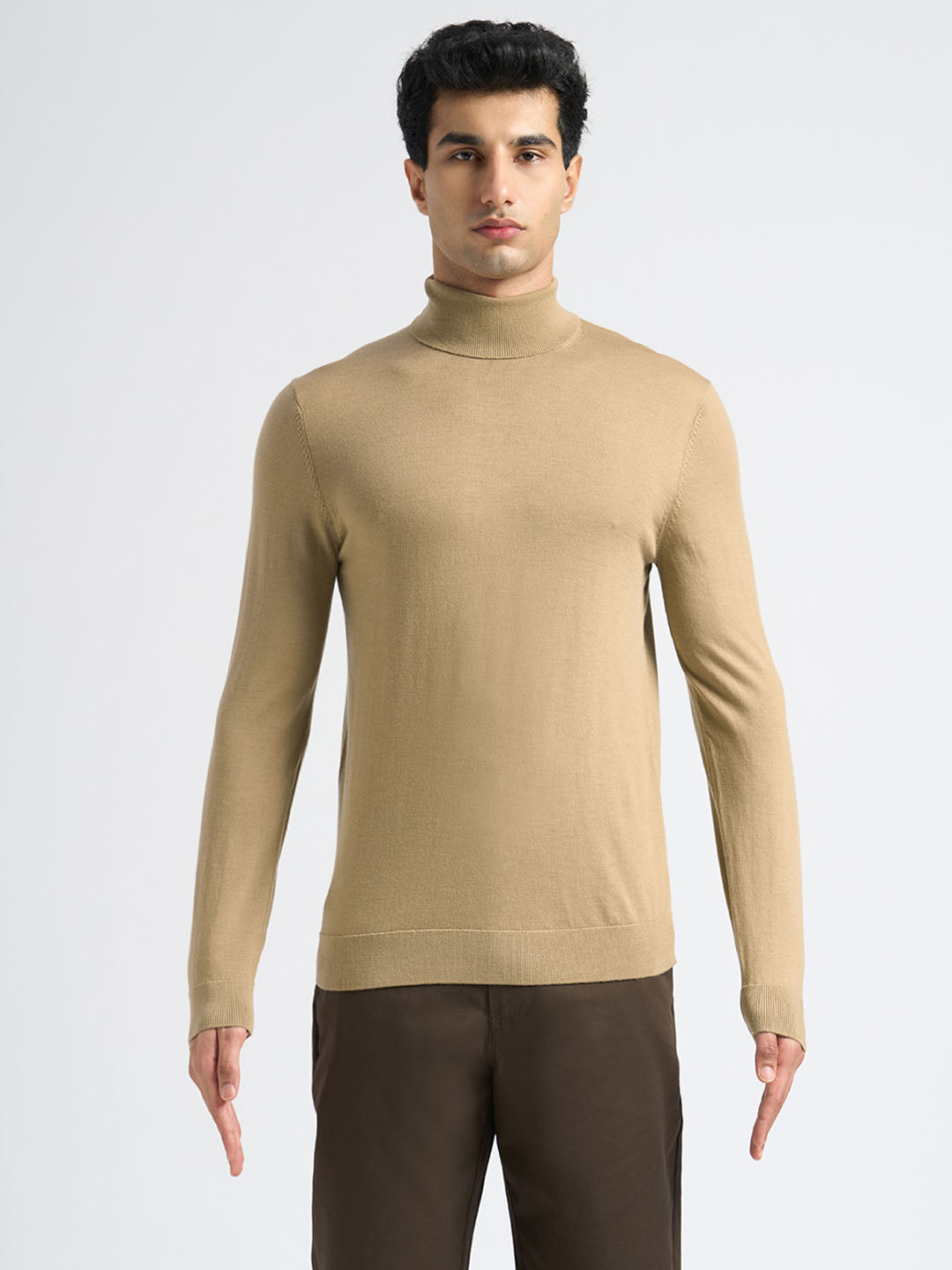 Light Brown Merino Wool Turtleneck Pullover