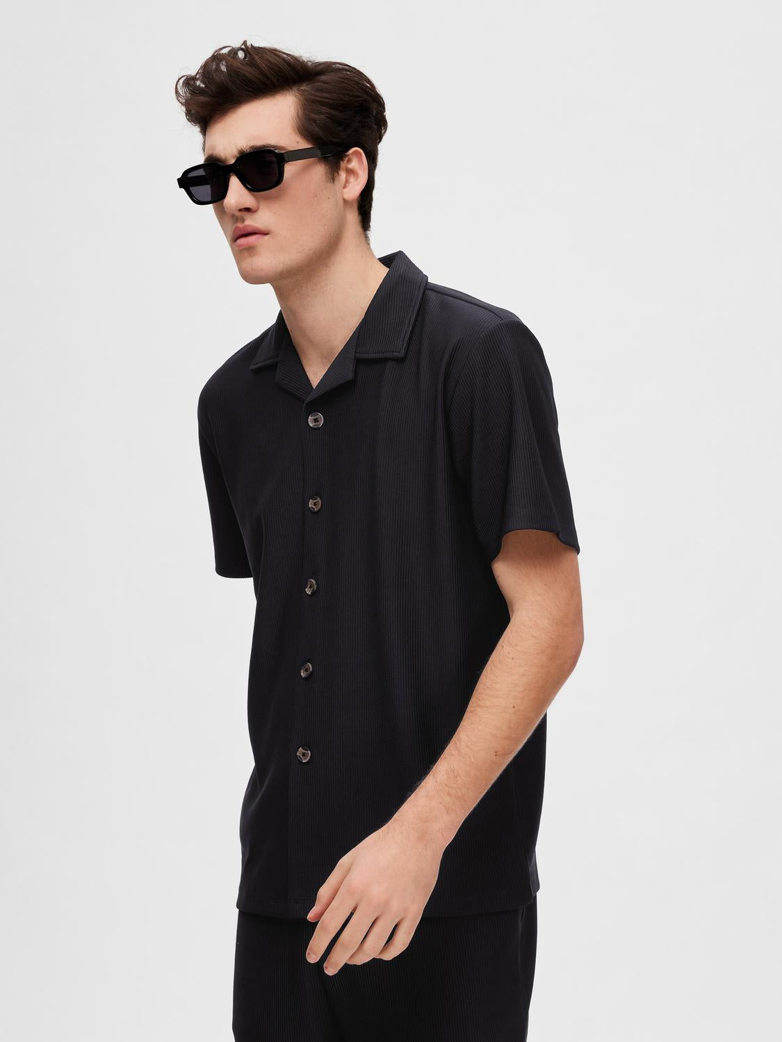 Black Ribbed Cuban Collar Shirt