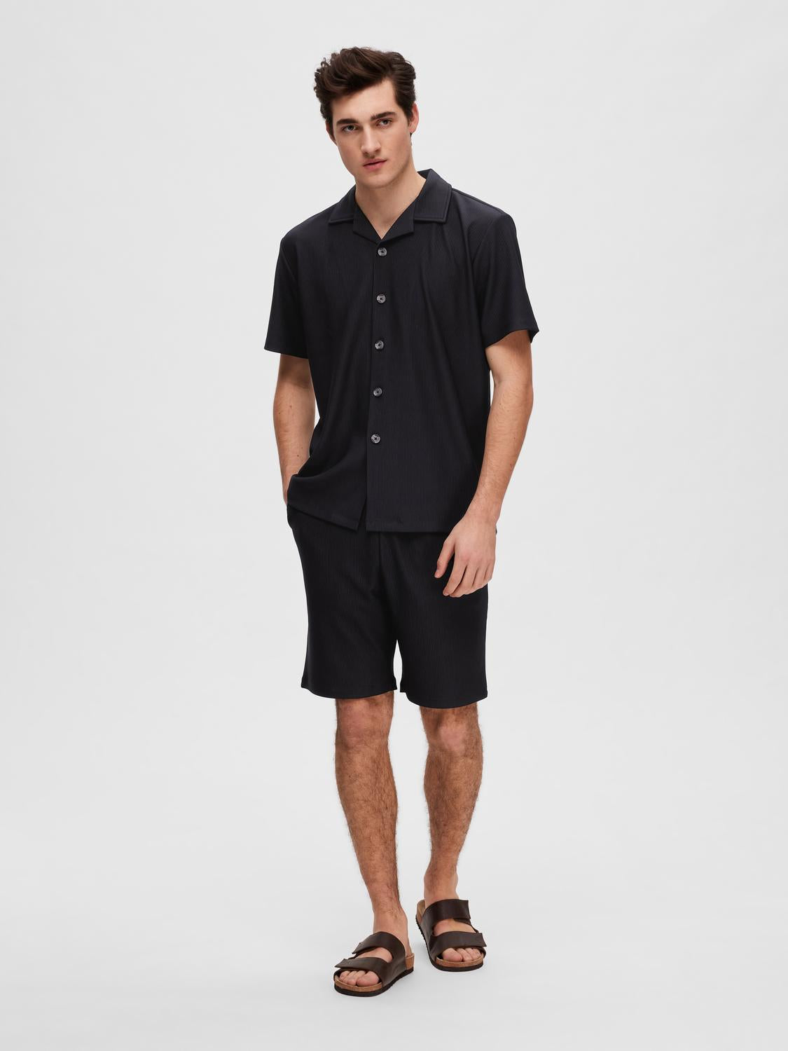 Black Ribbed Cuban Collar Shirt