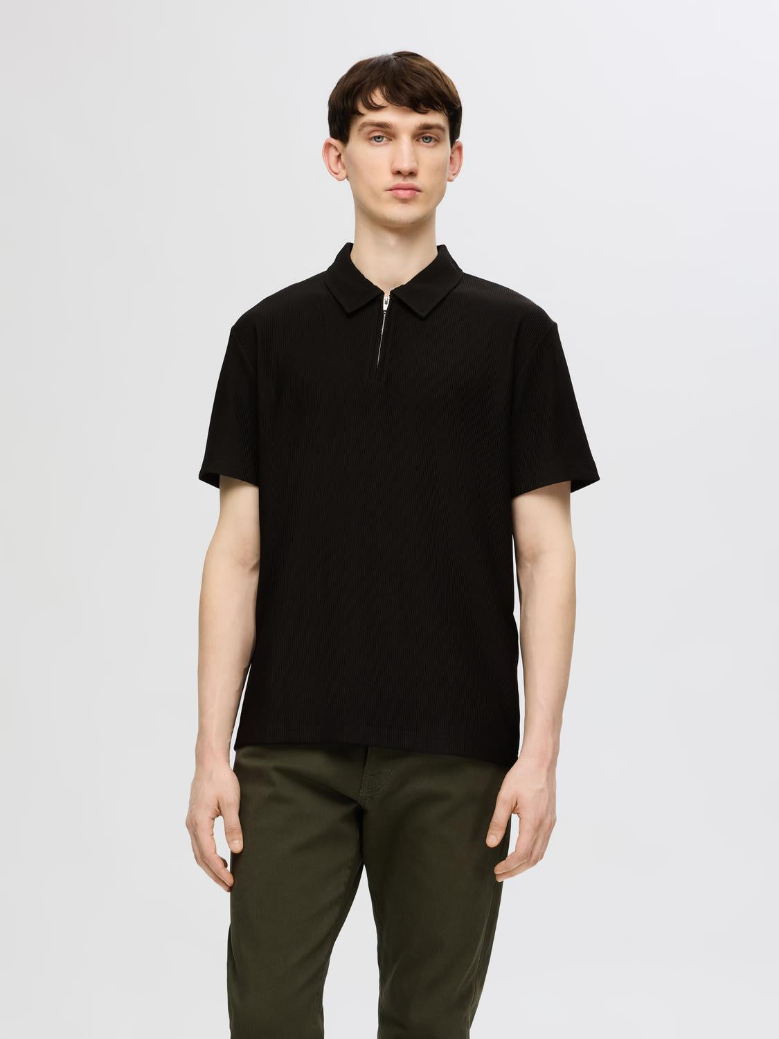 Black Zip-Up Plisse Polo